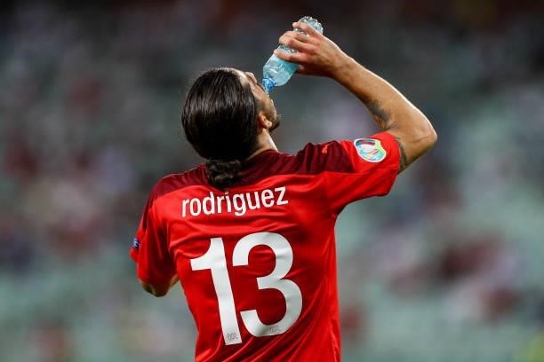 Ricardo Rodriguez of Switzerland takes a drink during the UEFA Euro 2020 Championship Group A match between Switzerland and Turkey at Baku Olimpiya...