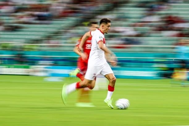 Cengiz Ünder of Turkey control the ball during the UEFA Euro 2020 Championship Group A match between Switzerland and Turkey at Baku Olimpiya Stadionu...