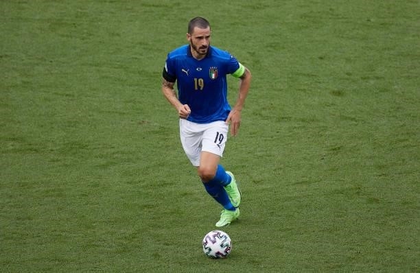 Leonardo Bonucci of Italy runs with the ball during the UEFA Euro 2020 Championship Group A match between Italy and Wales at Olimpico Stadium on June...