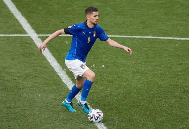 Jorginho of Italy runs with the ball during the UEFA Euro 2020 Championship Group A match between Italy and Wales at Olimpico Stadium on June 20,...