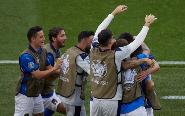 Matteo Pessina of Italy celebrates after scoring his team's first goal with his teammates during the UEFA Euro 2020 Championship Group A match...