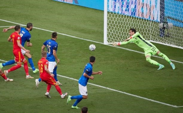 Matteo Pessina of Italy scores his team's first goal during the UEFA Euro 2020 Championship Group A match between Italy and Wales at Olimpico Stadium...