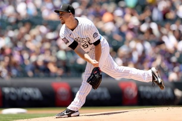 Starting pitcher Chi Chi Gonzalez of the Colorado Rockies throws against the Milwaukee Brewers in the first inning at Coors Field on June 20, 2021 in...