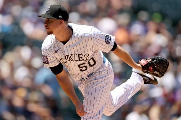 Starting pitcher Chi Chi Gonzalez of the Colorado Rockies throws against the Milwaukee Brewers in the first inning at Coors Field on June 20, 2021 in...