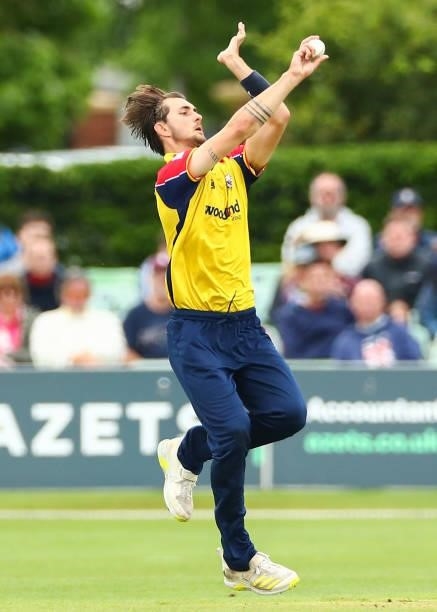 Jack Plow of Essex Eagles bowls during the Vitality T20 Blast match between Kent Spitfires and Essex Eagles at The Spitfire Ground on June 20, 2021...