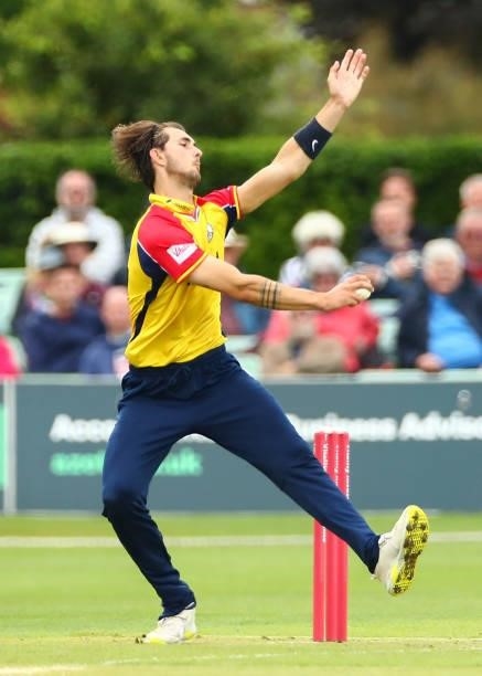 Jack Plow of Essex Eagles bowls during the Vitality T20 Blast match between Kent Spitfires and Essex Eagles at The Spitfire Ground on June 20, 2021...