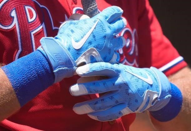 Detailed view of Nike batting gloves honoring Father's Day worn by Rhys Hoskins of the Philadelphia Phillies against the San Francisco Giants in the...