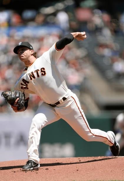 Sammy Long of the San Francisco Giants pitches against the Philadelphia Phillies in the top of the first inning at Oracle Park on June 20, 2021 in...