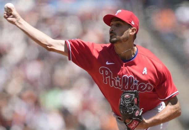 Zach Eflin of the Philadelphia Phillies pitches against the San Francisco Giants in the bottom of the first inning at Oracle Park on June 20, 2021 in...