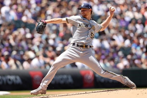 Starting pitcher Eric Lauer of the Milwaukee Brewers throws against the Colorado Rockies in the first inning at Coors Field on June 20, 2021 in...
