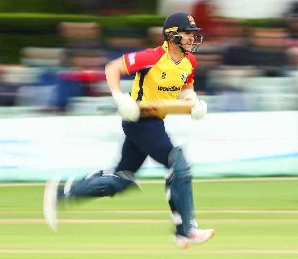 Sam Cook of Essex Eagles runs during the Vitality T20 Blast match between Kent Spitfires and Essex Eagles at The Spitfire Ground on June 20, 2021 in...