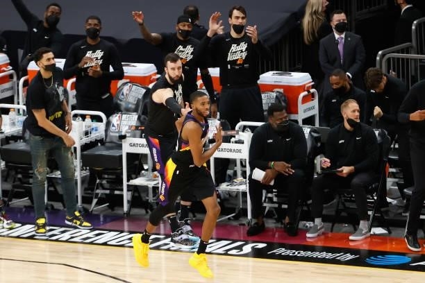 Mikal Bridges of the Phoenix Suns reacts to a three-point shot against the LA Clippers during the second half in Game One of the Western Conference...