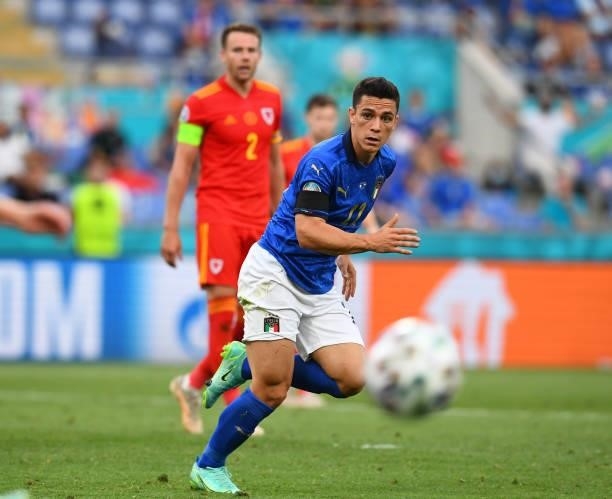 Giacomo Raspadori of Italy in action during the UEFA Euro 2020 Championship Group A match between Italy and Wales at Olimpico Stadium on June 20,...