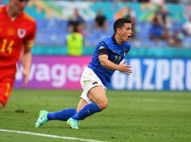 Giacomo Raspadori of Italy in action during the UEFA Euro 2020 Championship Group A match between Italy and Wales at Olimpico Stadium on June 20,...
