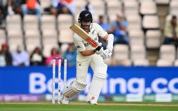 Kane Williamson of New Zealand bats during Day 3 of the ICC World Test Championship Final between India and New Zealand at The Hampshire Bowl on June...