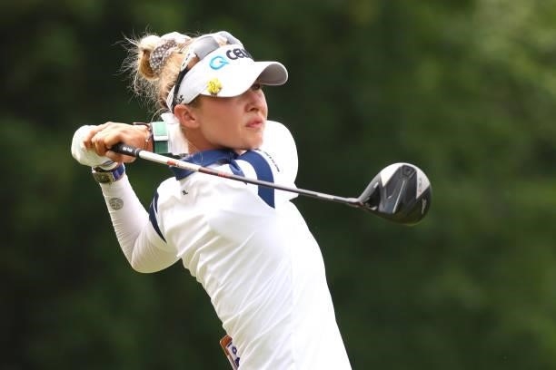 Nelly Korda watches her drive on the the 17th hole during the final round of the Meijer LPGA Classic for Simply Give at Blythefield Country Club on...