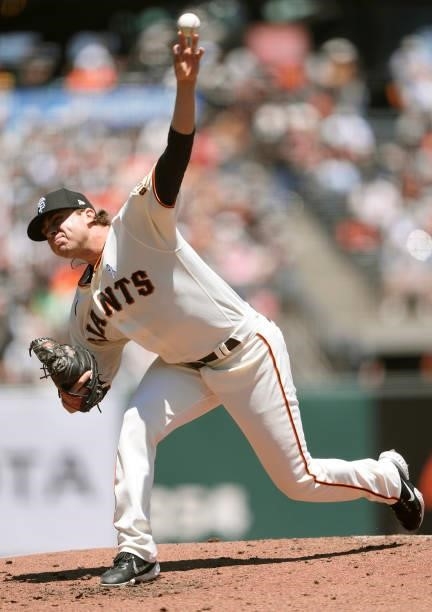 Sammy Long of the San Francisco Giants pitches in his first major league start against the Philadelphia Phillies in the top of the third inning at...