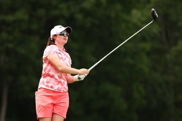 Leona Maguire of Ireland watches her drive on the 17th hole during the final round of the Meijer LPGA Classic for Simply Give at Blythefield Country...