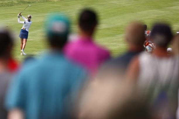 Nelly Korda hits her second shot on the 14th hole during the final round of the Meijer LPGA Classic for Simply Give at Blythefield Country Club on...