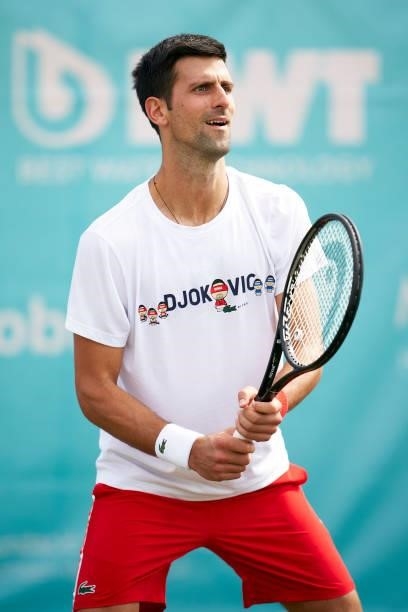 Novak Djokovic of Serbia during a training session on day two of the Mallorca Championships 2021 at Country Club de Santa Ponça on June 20, 2021 in...