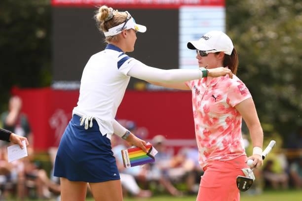 Nelly Korda hugs Leona Maguire of Ireland after Korda beat her by a single shot to win the Meijer LPGA Classic for Simply Give at Blythefield Country...