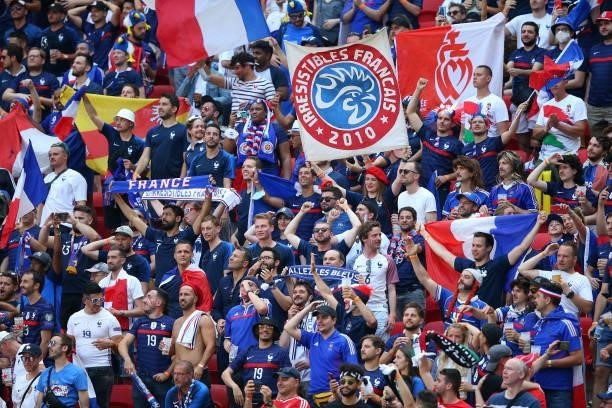 Supporters of France are seen prior to the UEFA Euro 2020 Championship Group F match between Hungary and France at Puskas Arena on June 19, 2021 in...
