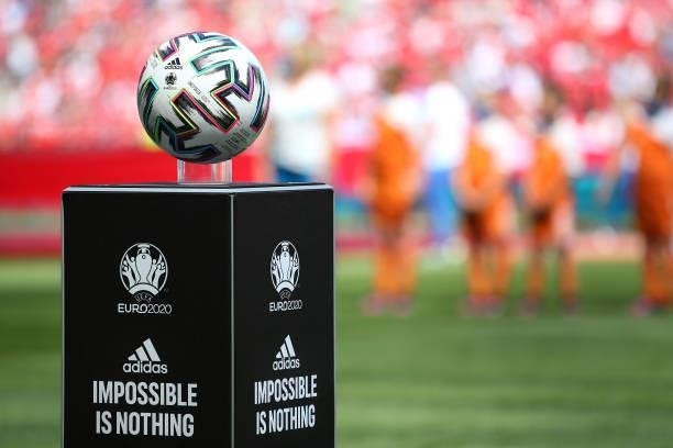 The official Adidas match ball is seen prior to the UEFA Euro 2020 Championship Group F match between Hungary and France at Puskas Arena on June 19,...