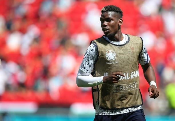 Paul Pogba of France warms up prior to the UEFA Euro 2020 Championship Group F match between Hungary and France at Puskas Arena on June 19, 2021 in...