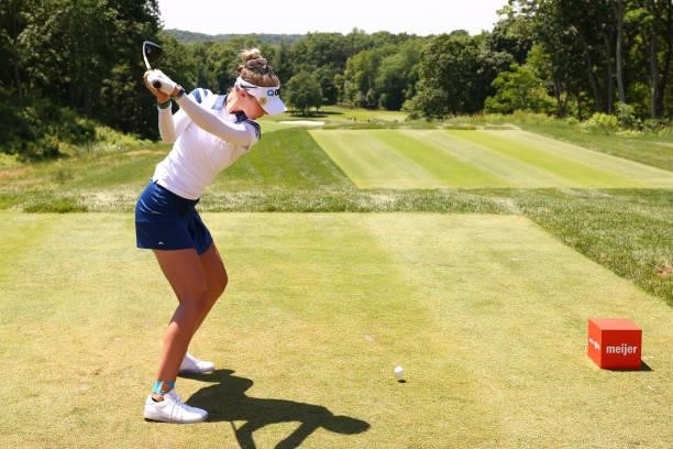 Nelly Korda watches her drive on the the 12th hole during the final round of the Meijer LPGA Classic for Simply Give at Blythefield Country Club on...
