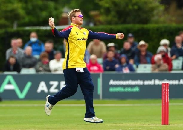 Simon Harmer of Essex Eagles bowls during the Vitality T20 Blast match between Kent Spitfires and Essex Eagles at The Spitfire Ground on June 20,...