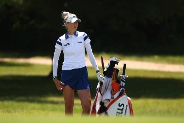Nelly Korda waits in the 10th fairway during the final round of the Meijer LPGA Classic for Simply Give at Blythefield Country Club on June 20, 2021...