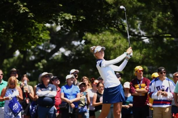 Nelly Korda watches her tee shot on the 11th hole during the final round of the Meijer LPGA Classic for Simply Give at Blythefield Country Club on...