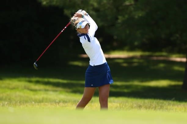 Nelly Korda hits her second shot on the 10th hole during the final round of the Meijer LPGA Classic for Simply Give at Blythefield Country Club on...