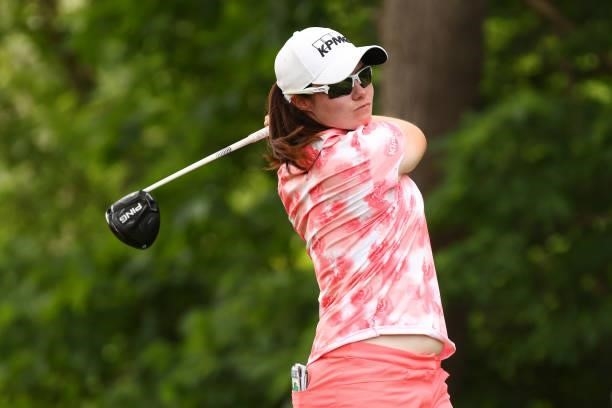 Leona Maguire of Ireland hits her drive on the 16th hole during the final round of the Meijer LPGA Classic for Simply Give at Blythefield Country...