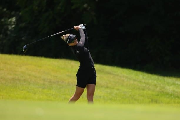 Madelene Sagstrom of Sweden hits her second shot on the 10th hole during the final round of the Meijer LPGA Classic for Simply Give at Blythefield...