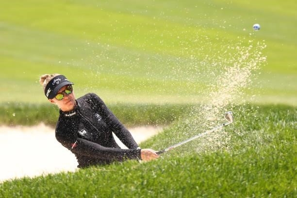 Madelene Sagstrom of Sweden hits from a sand trap to the 10th green during the final round of the Meijer LPGA Classic for Simply Give at Blythefield...