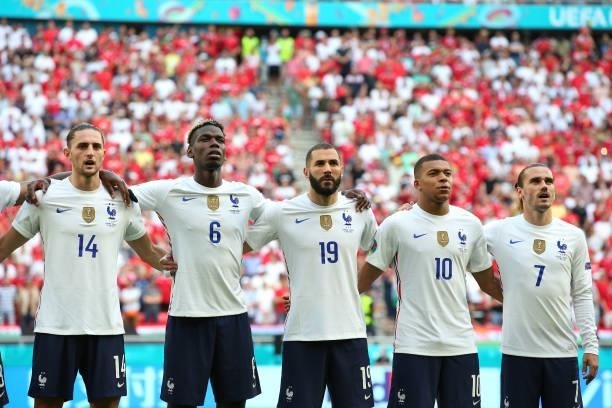 Adrien Rabiot, Paul Pogba, Karim Benzema, Kylian Mbappe and Antoine Griezmann of France stand for the national anthem of France during the UEFA Euro...
