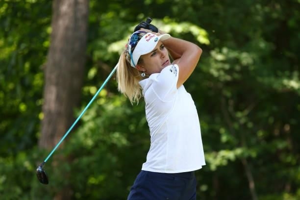 Lexi Thompson watches her drive on the 16th hole during the final round of the Meijer LPGA Classic for Simply Give at Blythefield Country Club on...