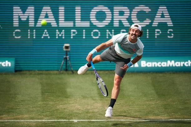 Jordan Thompson of Australia serves during his Round of 32 match against Pablo Andujar of Spain on day two of the Mallorca Championships 2021 at...