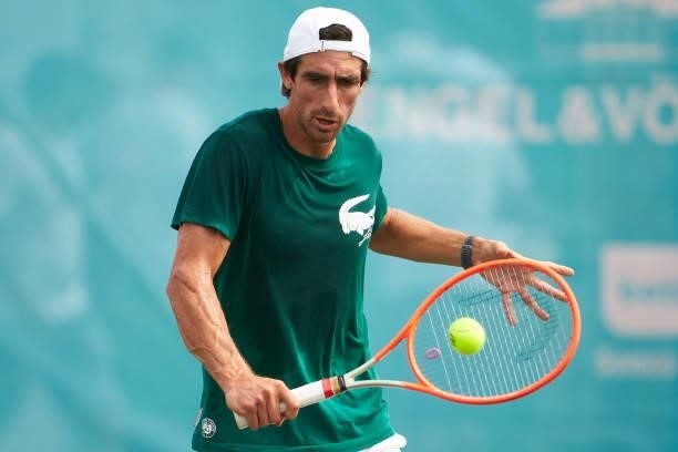 Pablo Cuevas of Uruguay returns a ball during a training session on day two of the Mallorca Championships 2021 at Country Club de Santa Ponça on June...