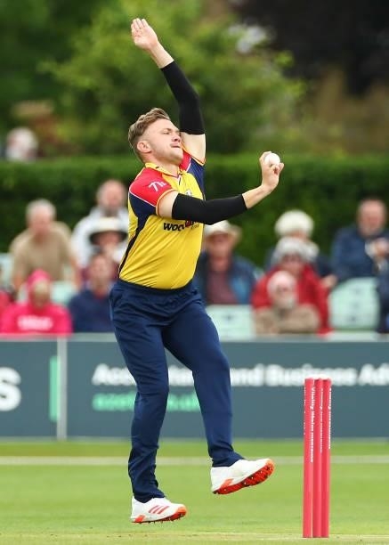Sam Cook of Essex Eagles bowls during the Vitality T20 Blast match between Kent Spitfires and Essex Eagles at The Spitfire Ground on June 20, 2021 in...
