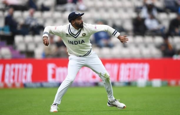Mohammed Siraj of India fields during Day 3 of the ICC World Test Championship Final between India and New Zealand at The Hampshire Bowl on June 20,...