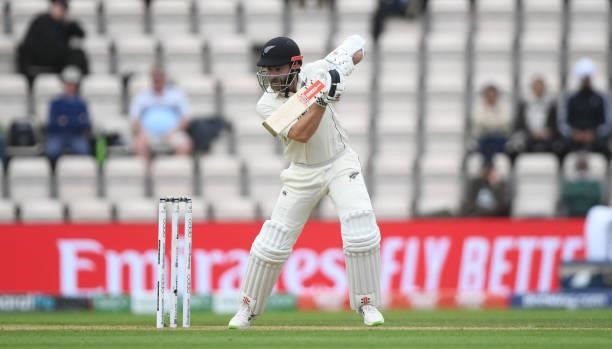 Kane Williamson of New Zealand bats during Day 3 of the ICC World Test Championship Final between India and New Zealand at The Hampshire Bowl on June...