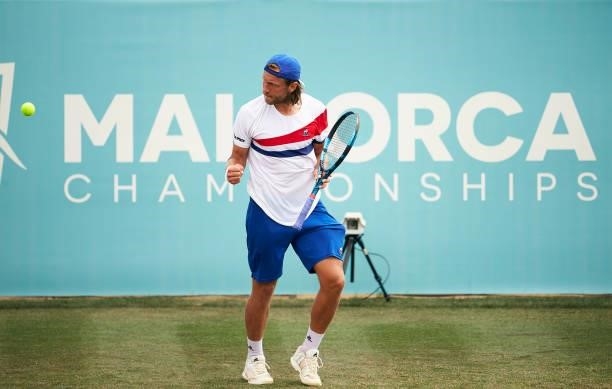 Lucas Pouille of France celebrates a point during his Second Round Qualifying match against Pedro Souza of Portugal on day two of the Mallorca...