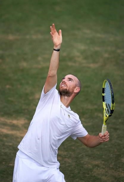 Adrian Mannarino of France serves during his Round of 32 match against Jan-Lennard Struff of Germany on day two of the Mallorca Championships 2021 at...