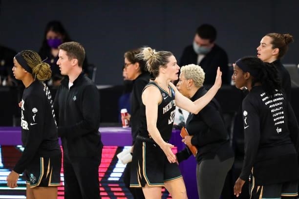 Guard Sami Whitcomb of the New York Liberty celebrates regaining the lead over the Los Angeles Sparks in the second half at Los Angeles Convention...