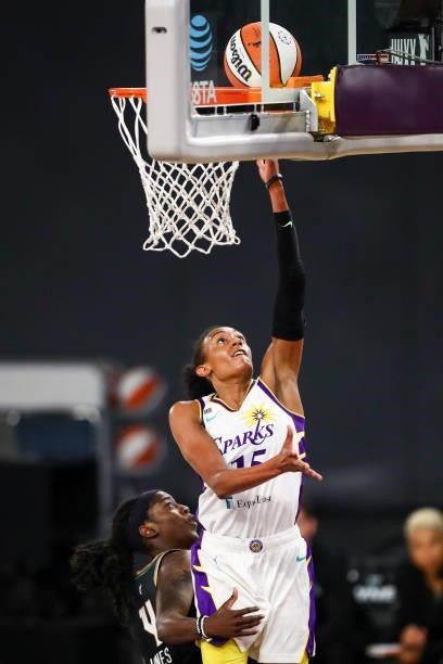 Guard Brittney Sykes of the Los Angeles Sparks shoots and is fouled by guard Jazmine Jones of the New York Liberty in the second half at Los Angeles...