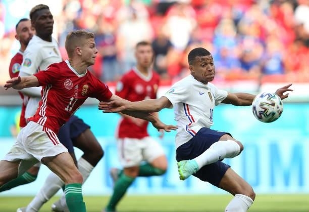 Kylian Mbappe of France shoots during the UEFA Euro 2020 Championship Group F match between Hungary and France at Puskas Arena on June 19, 2021 in...