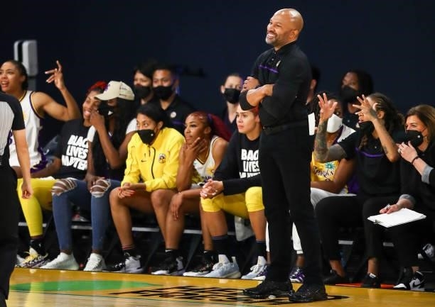 Los Angeles Sparks head coach Derek Fisher reacts from the sideline during the second half against the New York Liberty at Los Angeles Convention...