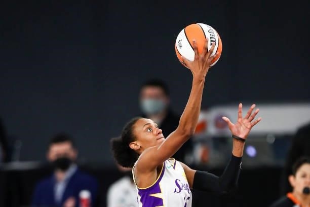 Guard Erica Wheeler of the Los Angeles Sparks shoots during the game against the New York Liberty at Los Angeles Convention Center on June 20, 2021...